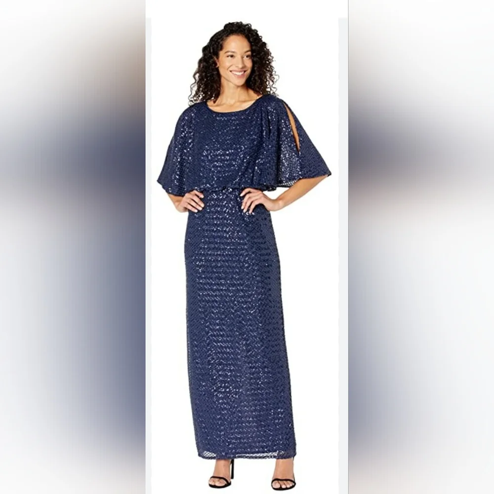 Alex Evenings Long Blouson Column Dress NWT size 14 Navy Blue
